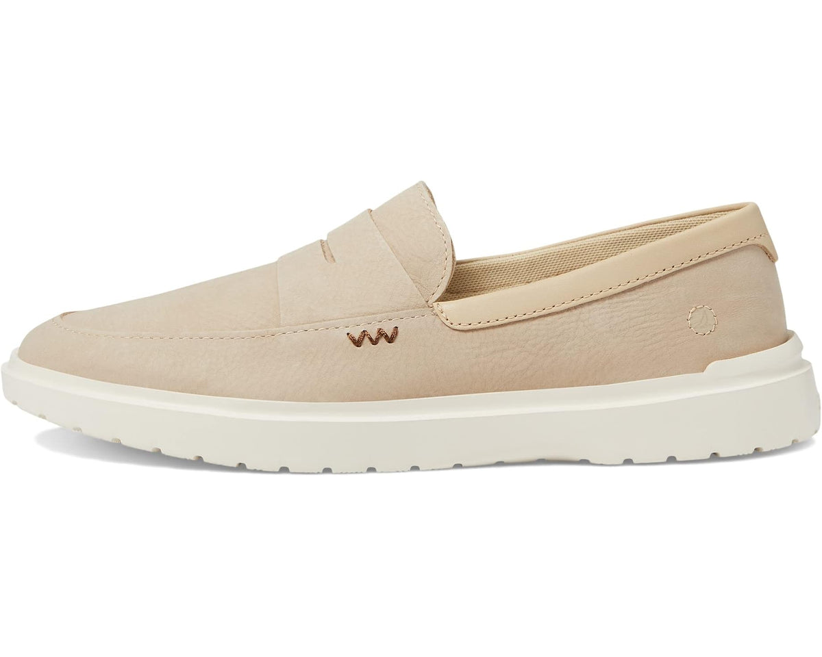 Men's sand suede slip-on penny loafer side view with small logo mark
