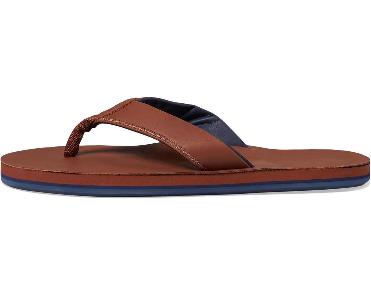 Men's cask brown flip-flops with stitched cross-strap and blue sole