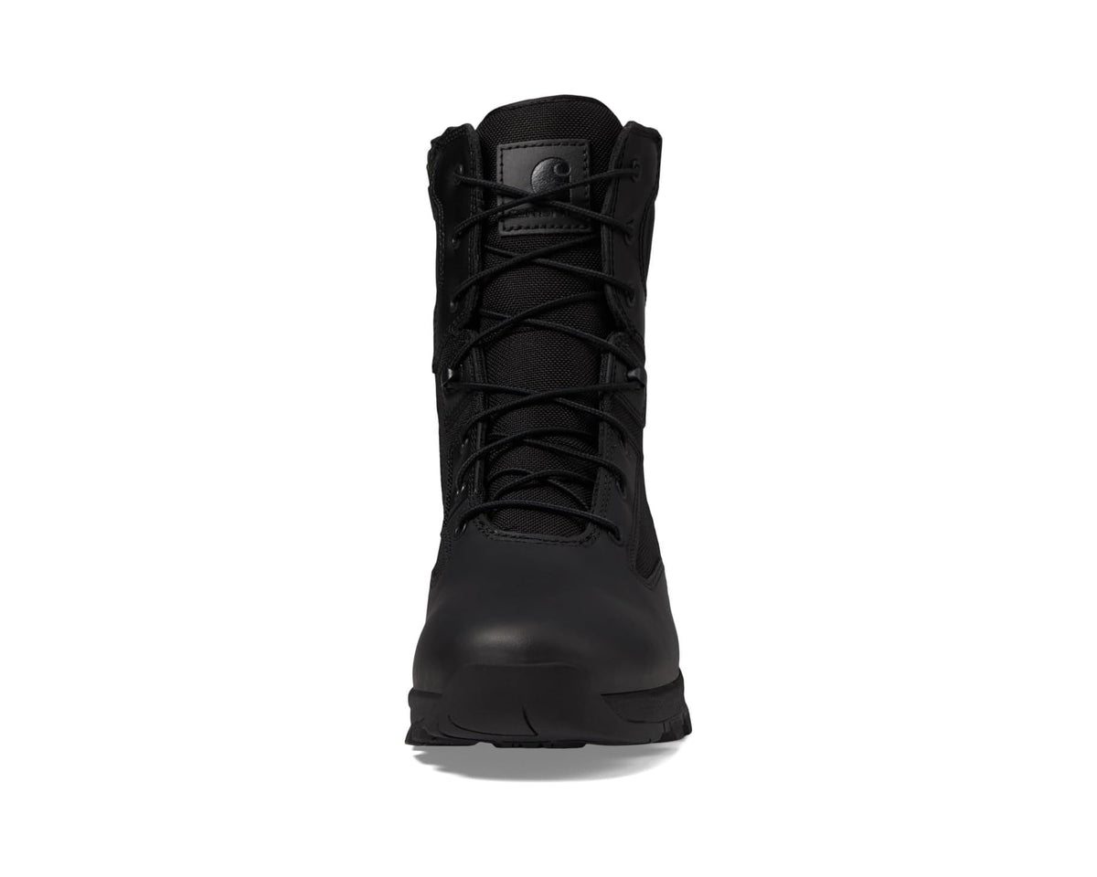 Black soft-toe work boot with lace-up front and padded collar, standing view