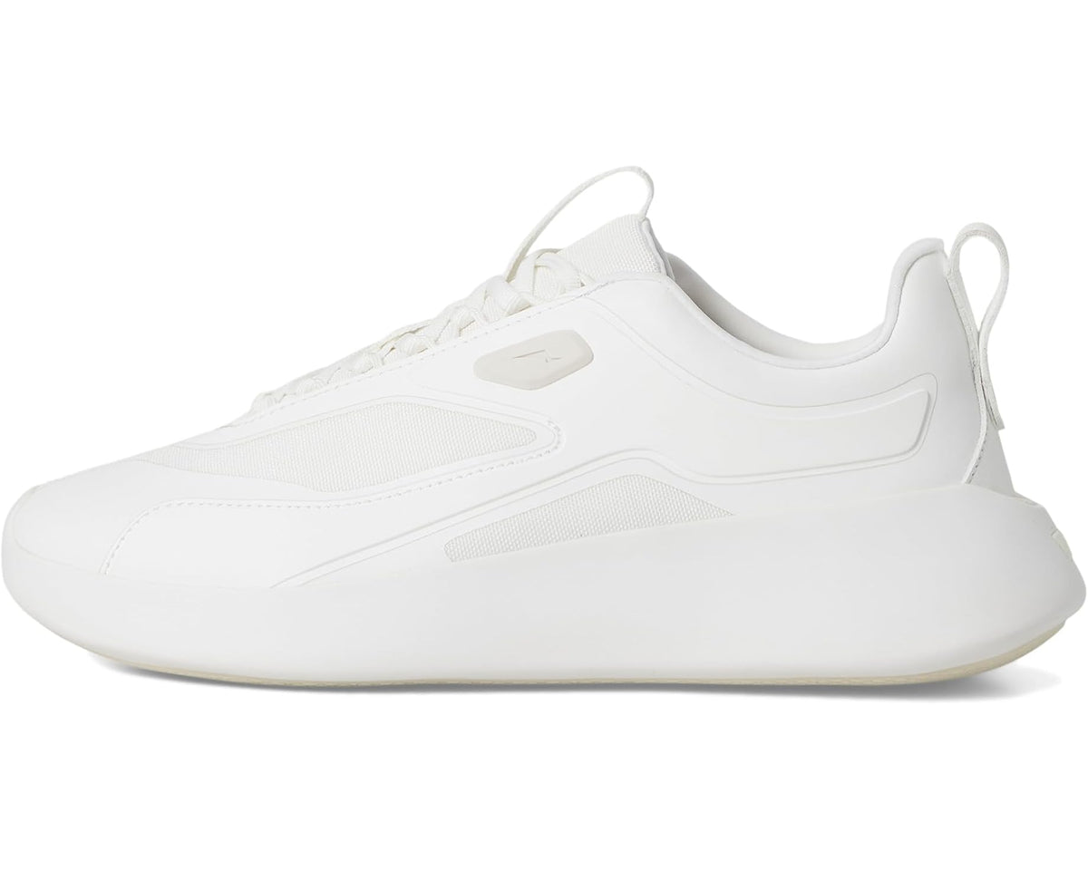 Unisex white sport sneakers, front 3/4 view with padded collar and lace-up