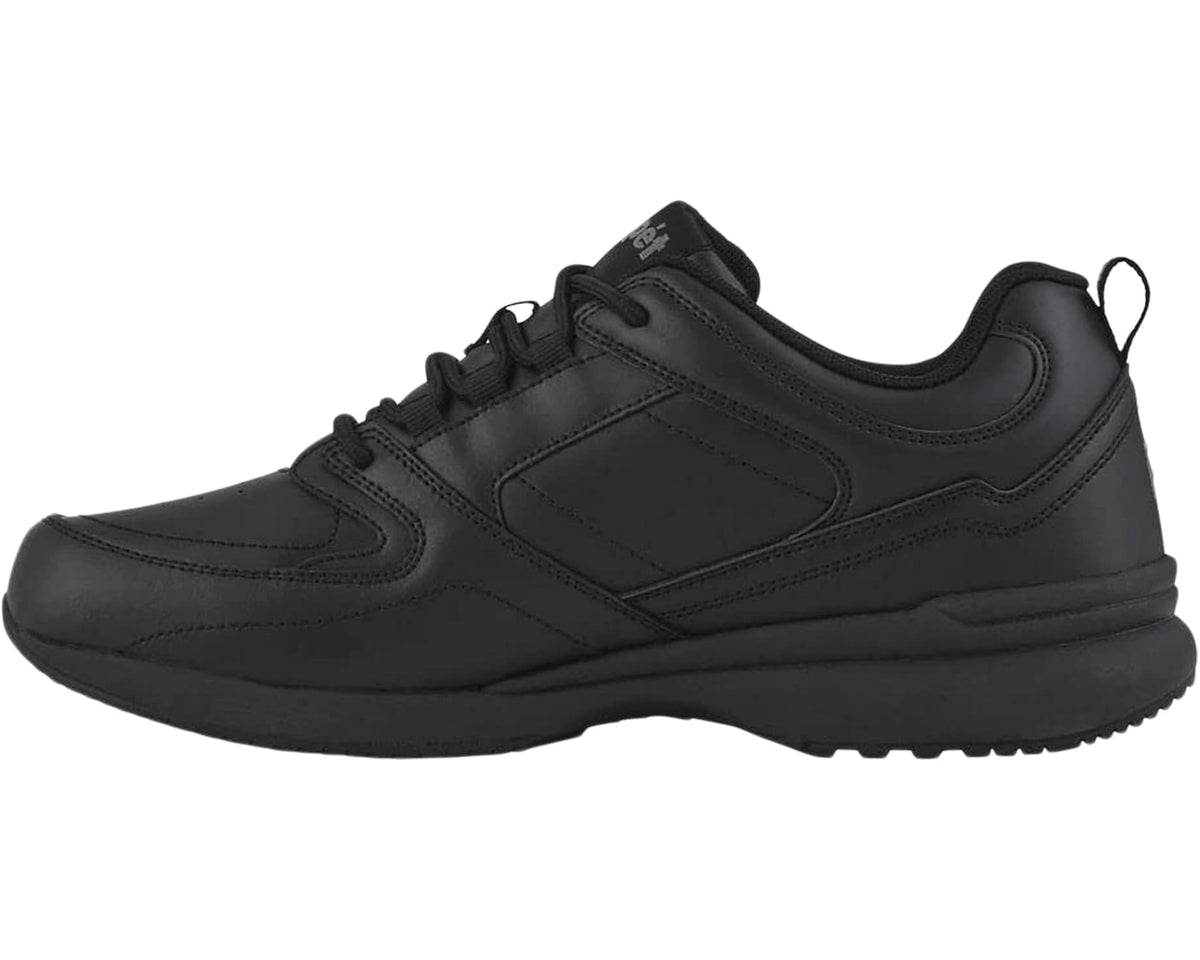 Black lace-up sport walking shoe with overlay panels and low-profile cushioned sole