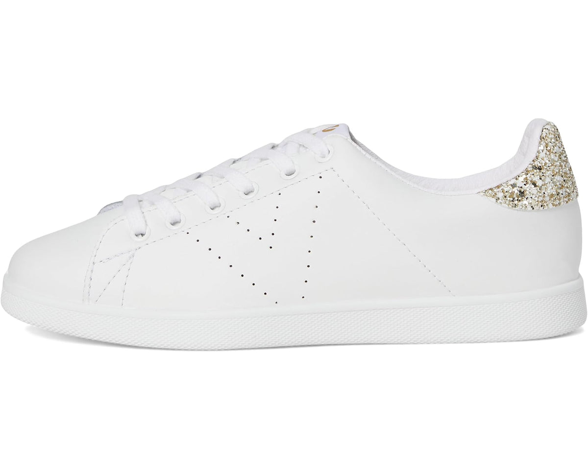 Unisex Victoria white leather sneakers with gold glitter heel accent and lace-up