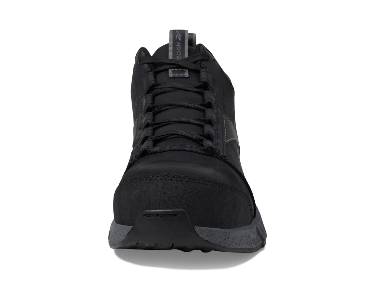 Work mid boots front view, black lace-up with padded tongue and collar