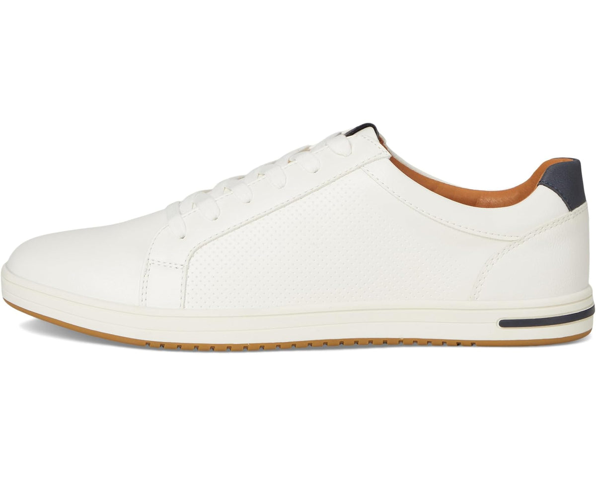 Men's Dune London Tezzy white leather sneakers, navy heel panel