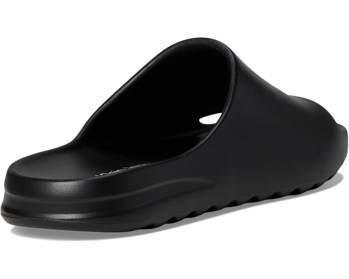Black open-toe slide sandal with smooth upper and cushioned platform sole