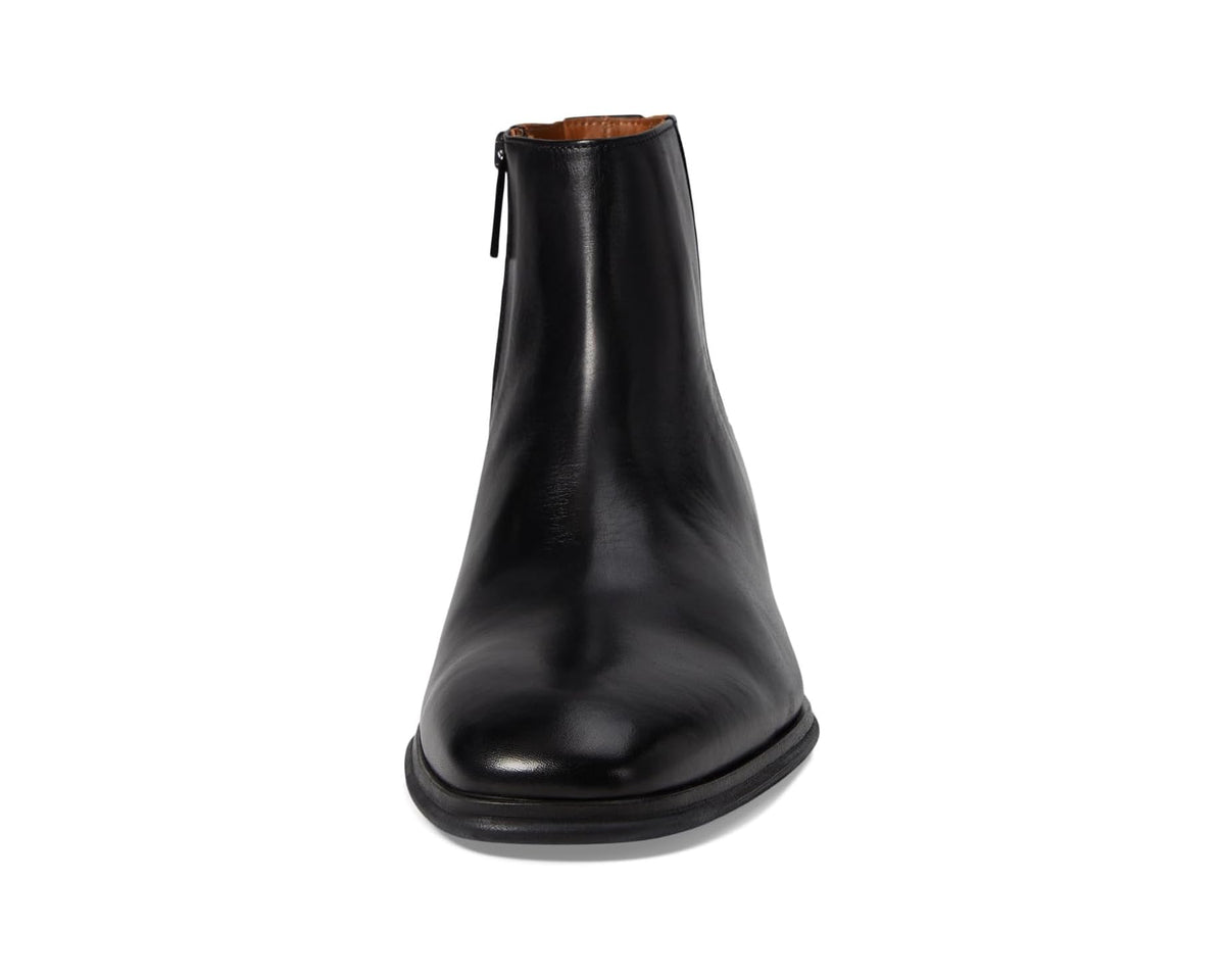 Black leather ankle boot with pull-on collar and cord-tie detail at top