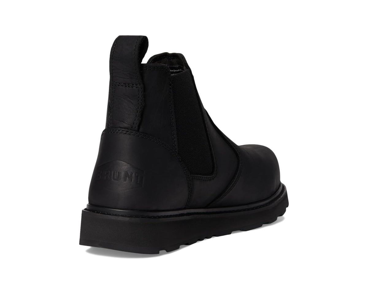 Men's BRUNT black Chelsea boots with heel pull tab and sturdy dark outsole.