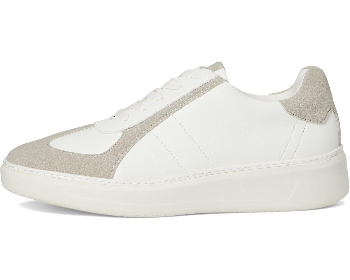 Men's low-top sneakers, white leather with beige toe and side panels, lace-up