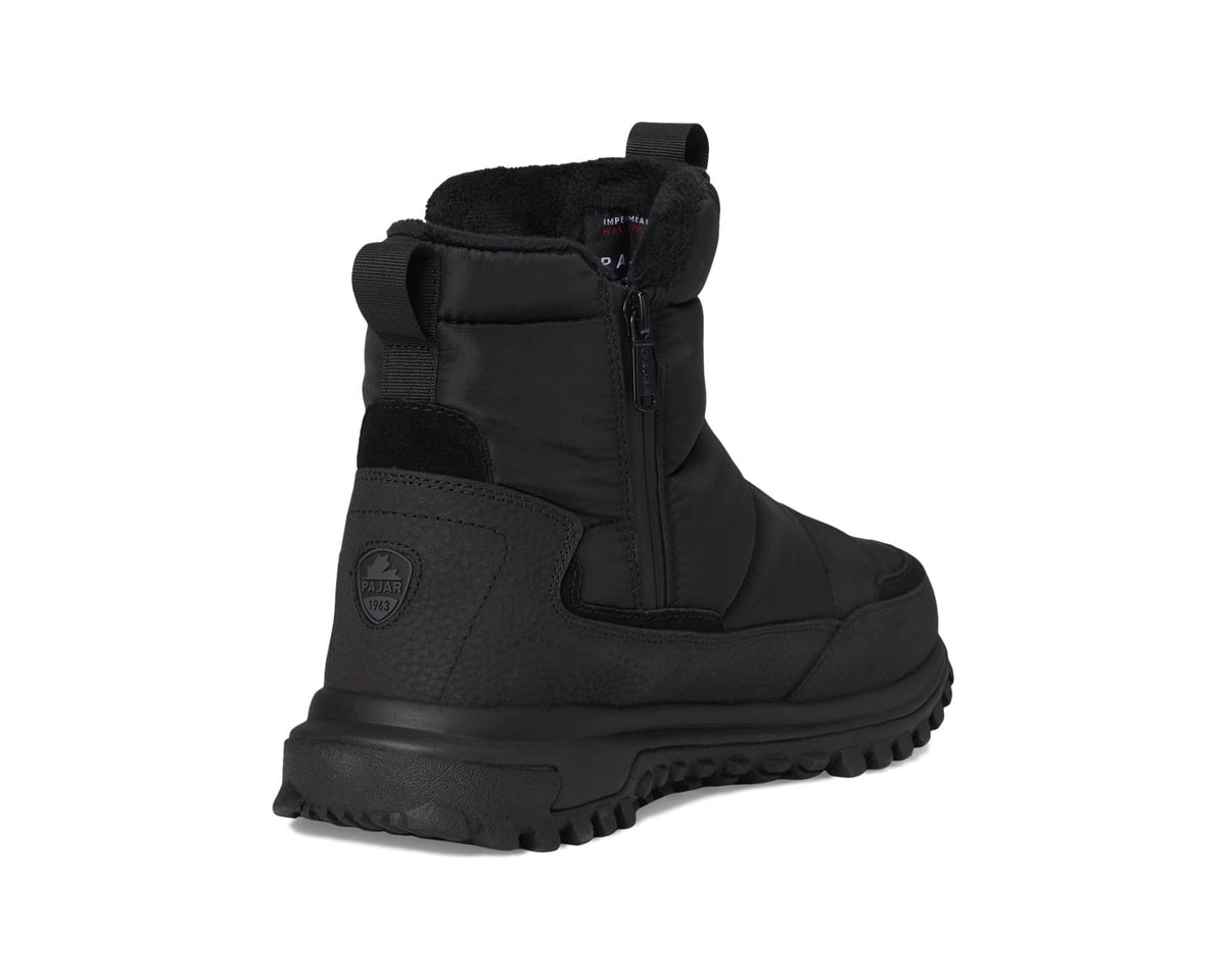 Black insulated boot with faux-fur collar, side zipper, and chunky tread sole.