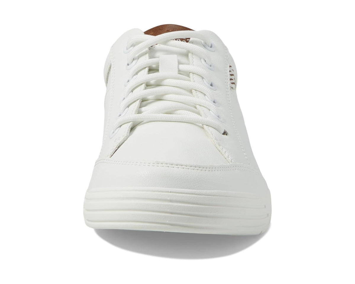 Men's white lace-up sneaker front view with ribbed midsole and lace-up vamp