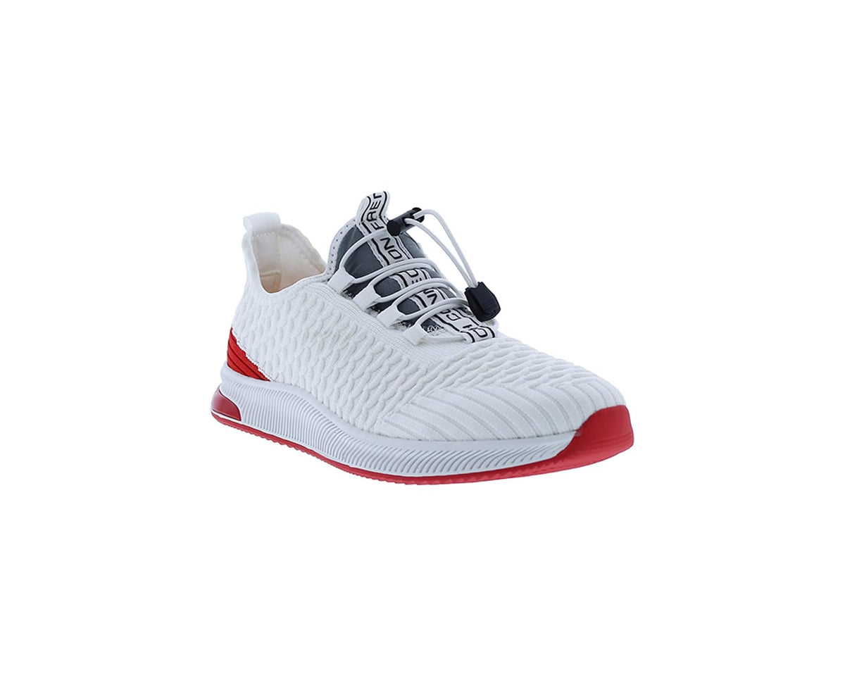 White knit lace-up sneakers with red outsole and black heel logo detail