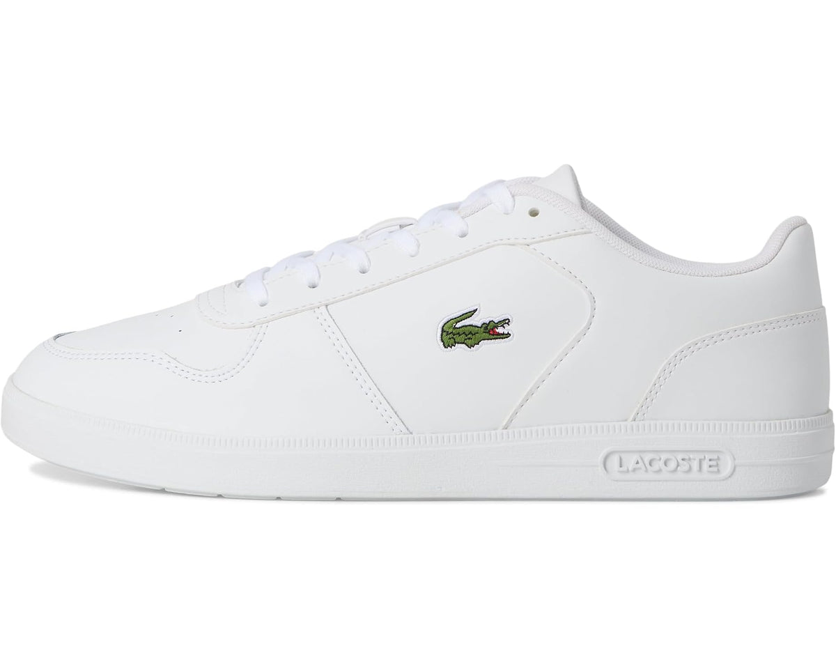 White Lacoste T-base lace-up sneakers with green crocodile logo and Lacoste tab