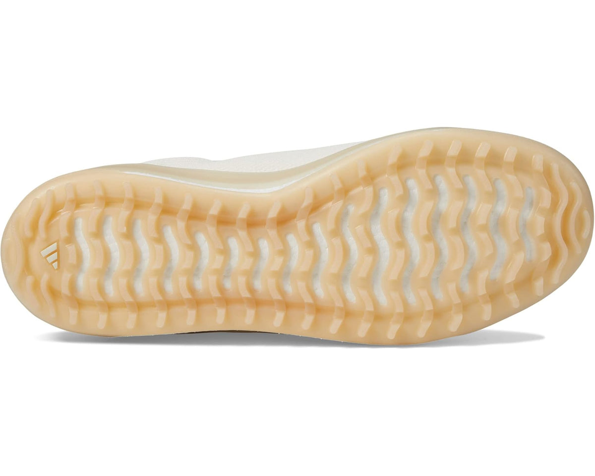 Men's adidas golf shoes outsole view with light traction cleats, chalk white upper.