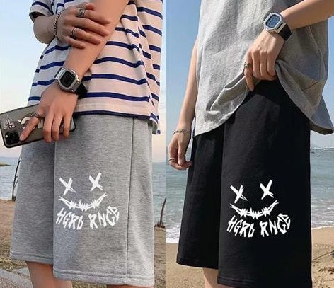 Gray shorts with white skull-motif graphic; black shorts with white skull-motif graphic