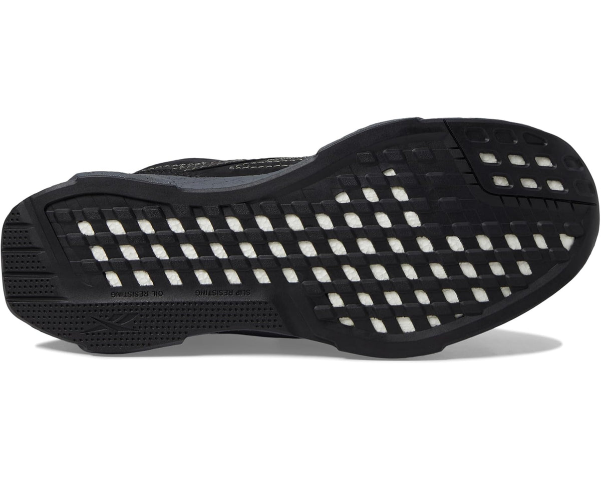 Composite-toe boot outsole with deep tread and rectangular traction pattern