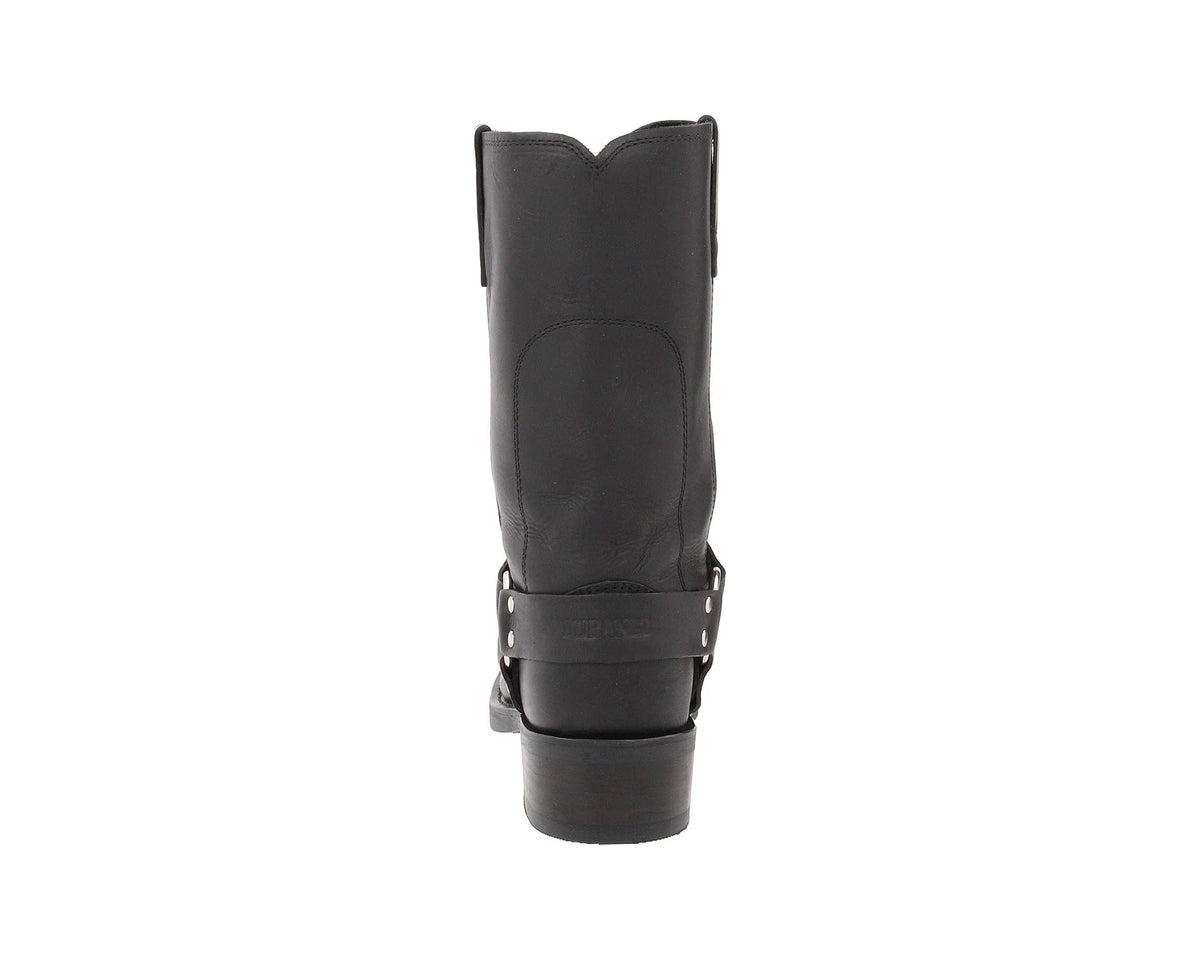 Back view of black leather cowboy boots with pull tab and stitched heel seam.