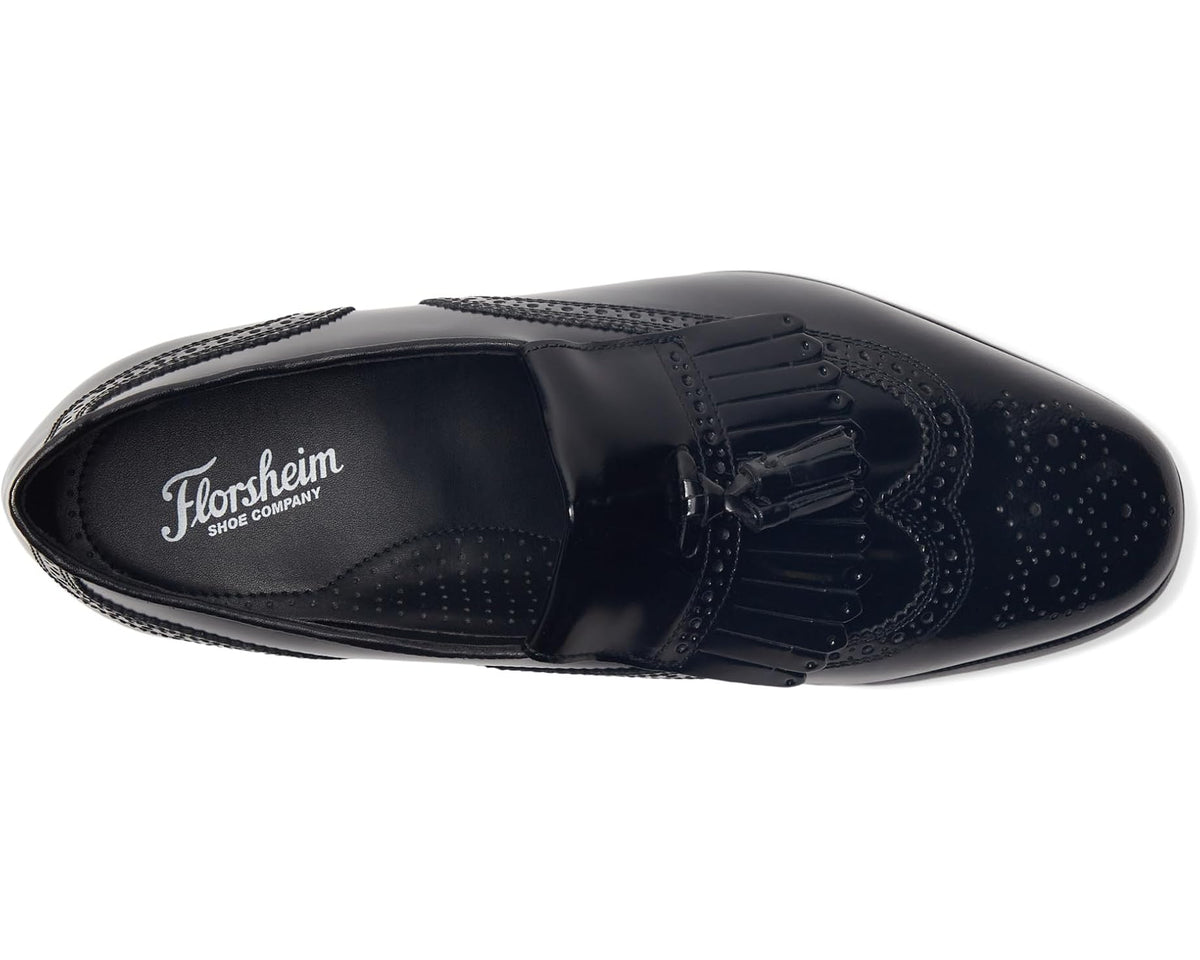 Black leather slip-on dress shoe with Florsheim logo on side