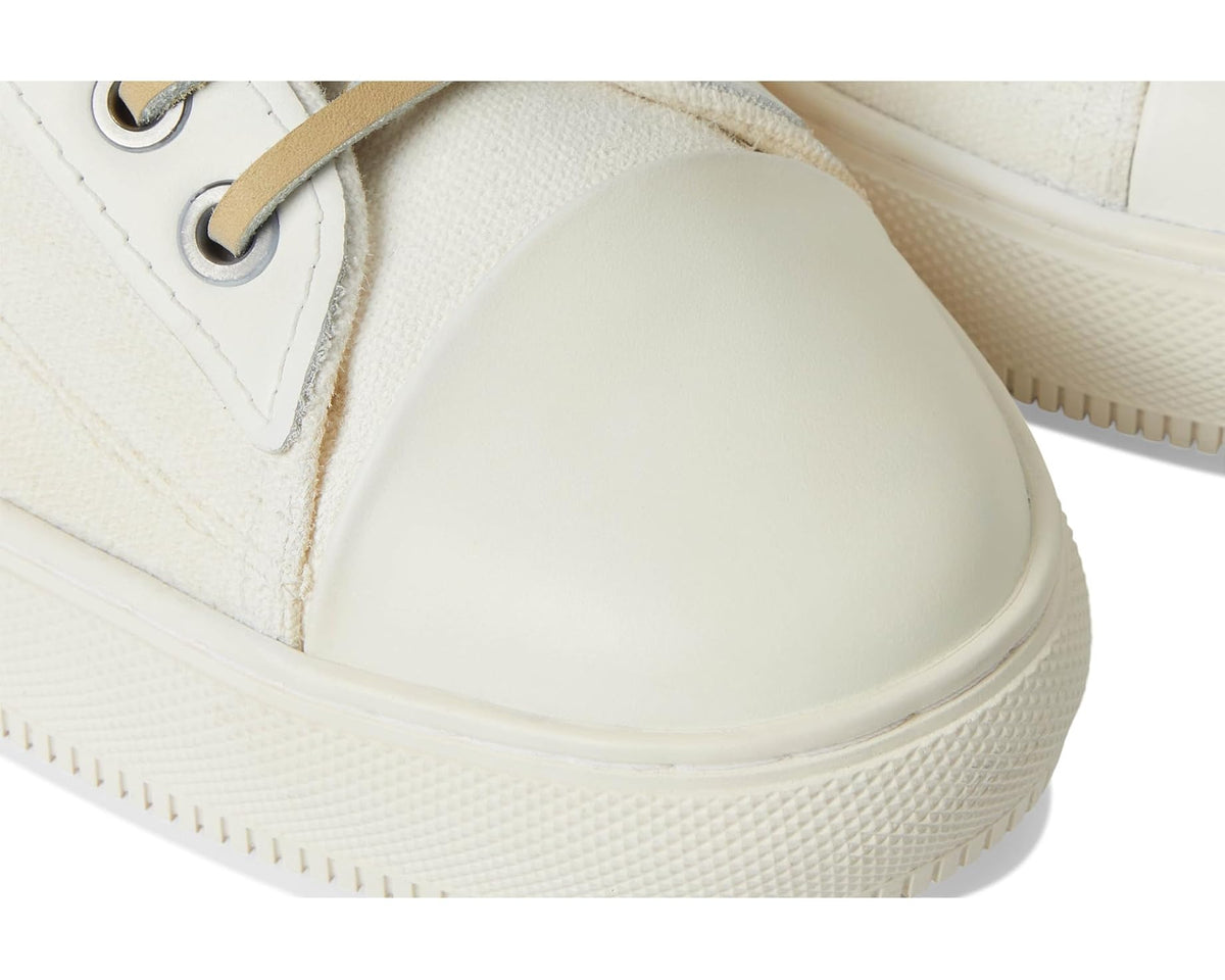 Close-up of white sneaker sidewall, lace eyelets, and textured rubber sole