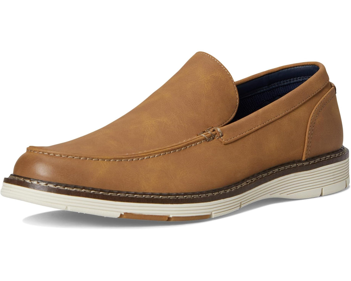 Tan slip-on loafer with penny-style strap and striped sole