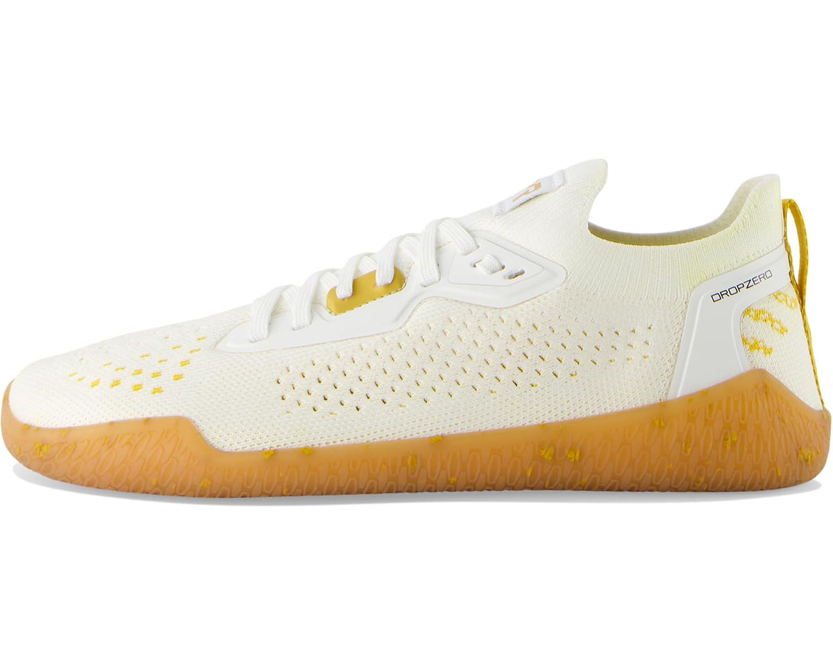 Men's TYR Dropzero sneakers, front/side view; white knit with gold trim and laces