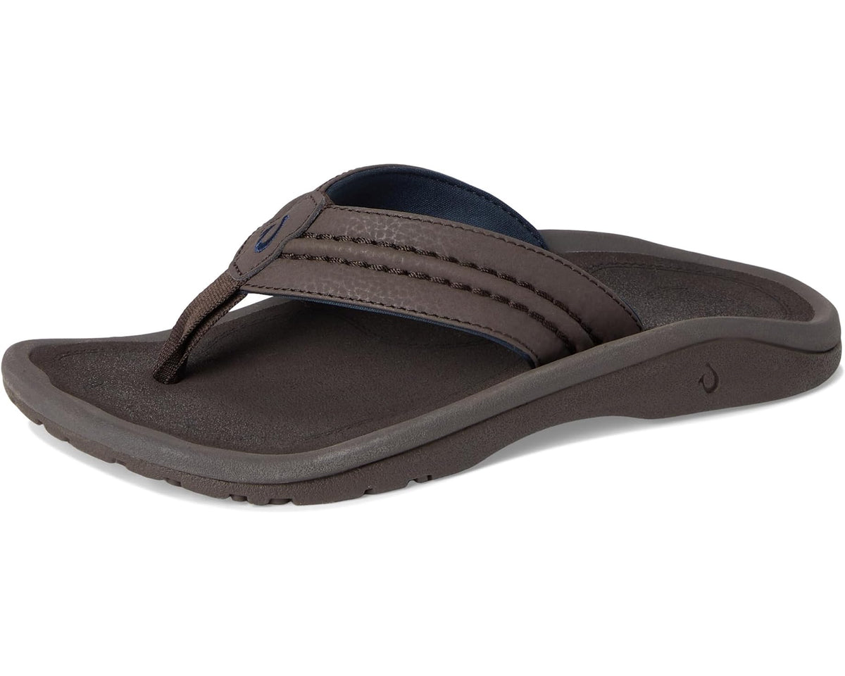 OluKai men’s dark brown flip-flops with padded thong straps and contoured sole