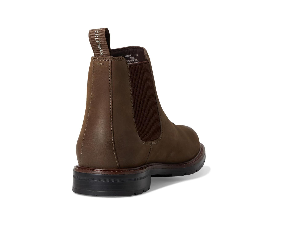 Chelsea boots rear view in truffle nubuck with black elastic panel and ridged sole
