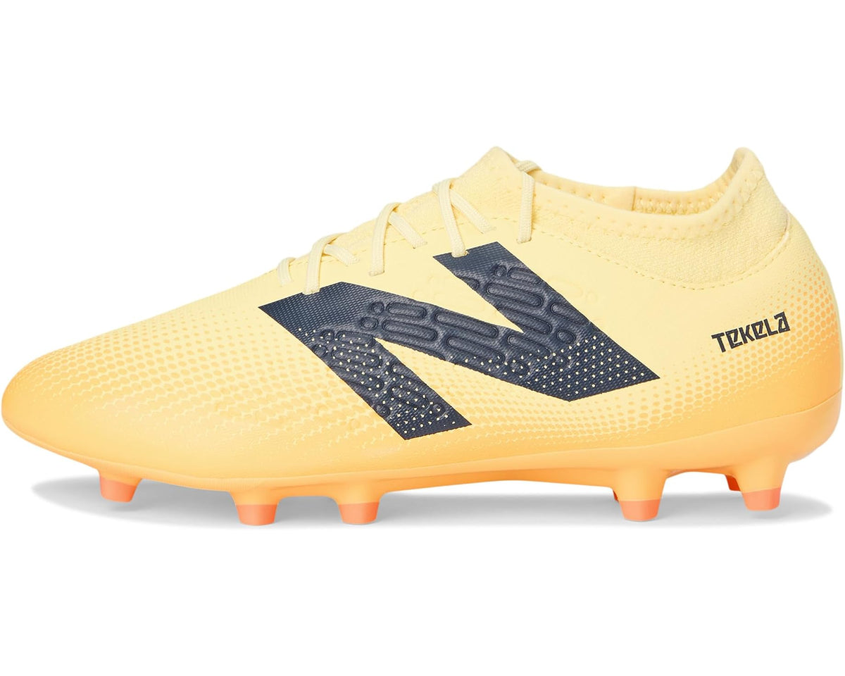 Unisex soccer cleats in light yellow with navy striping and orange FG outsole