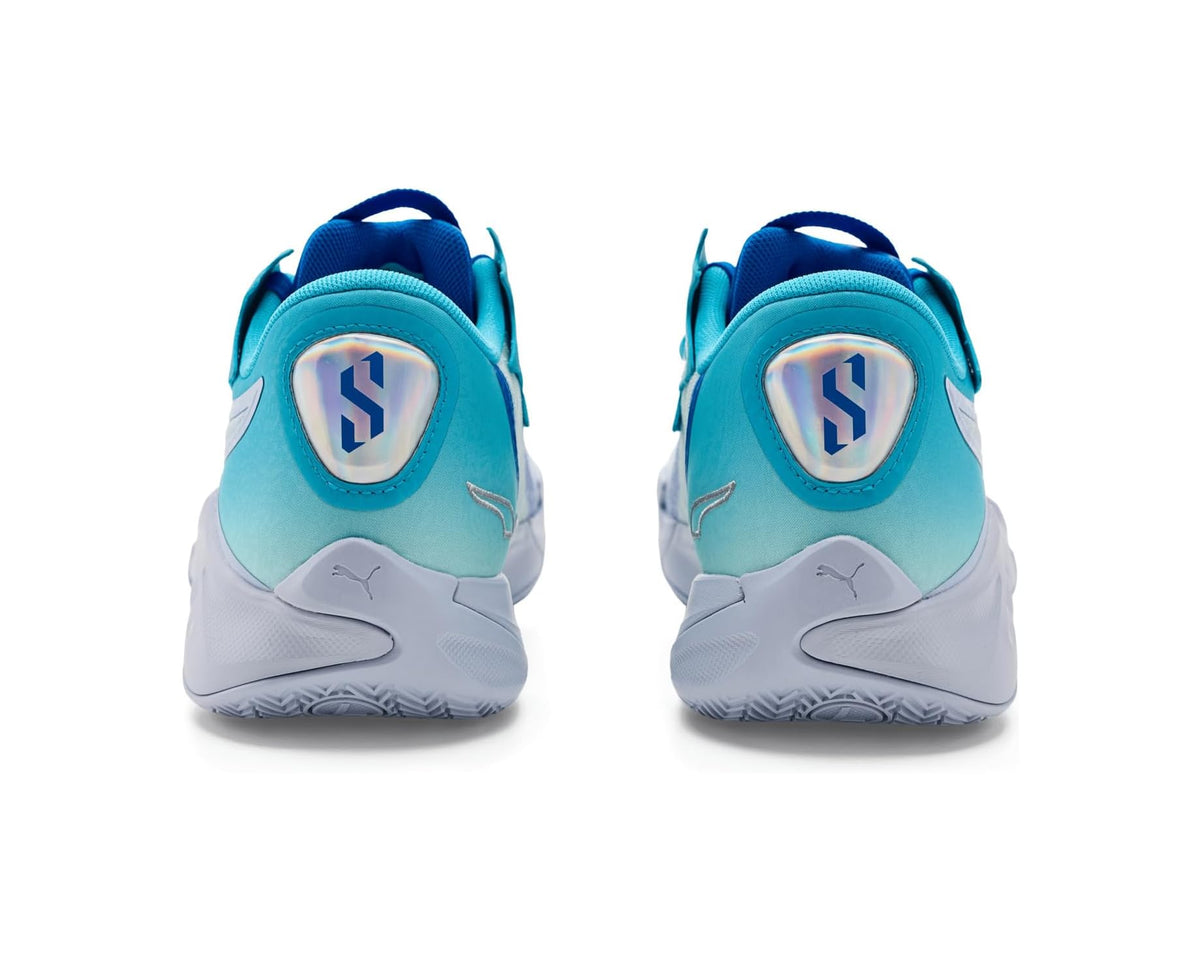 PUMA Scoot Zeros II heel view pair with aqua and blue uppers and cushioned collar