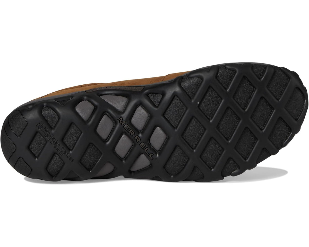 Brown Merrell slip-on shoe with black treaded outsole and embossed logo on heel