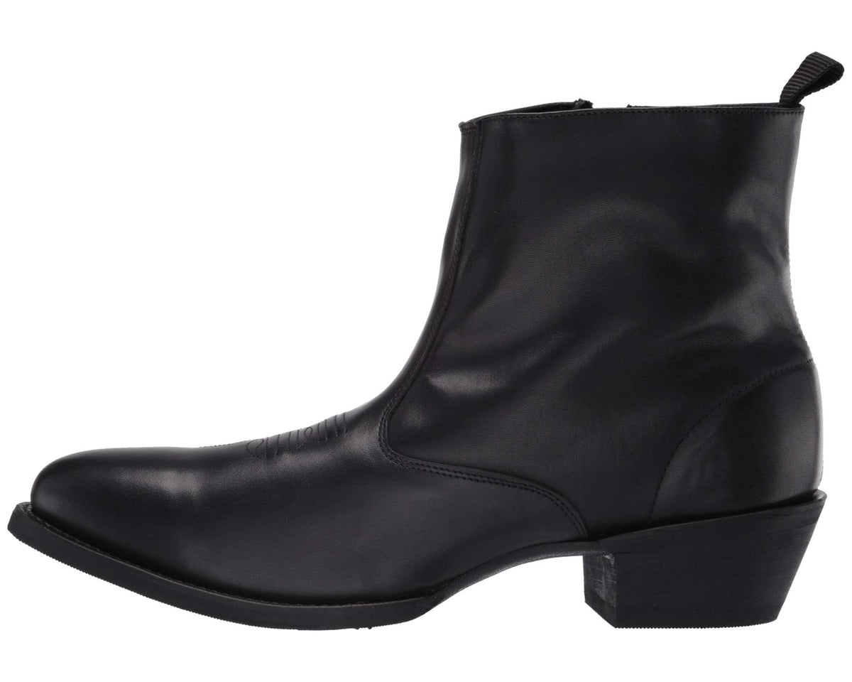 Black mid-calf leather boots with pull tab and side zipper, block heel