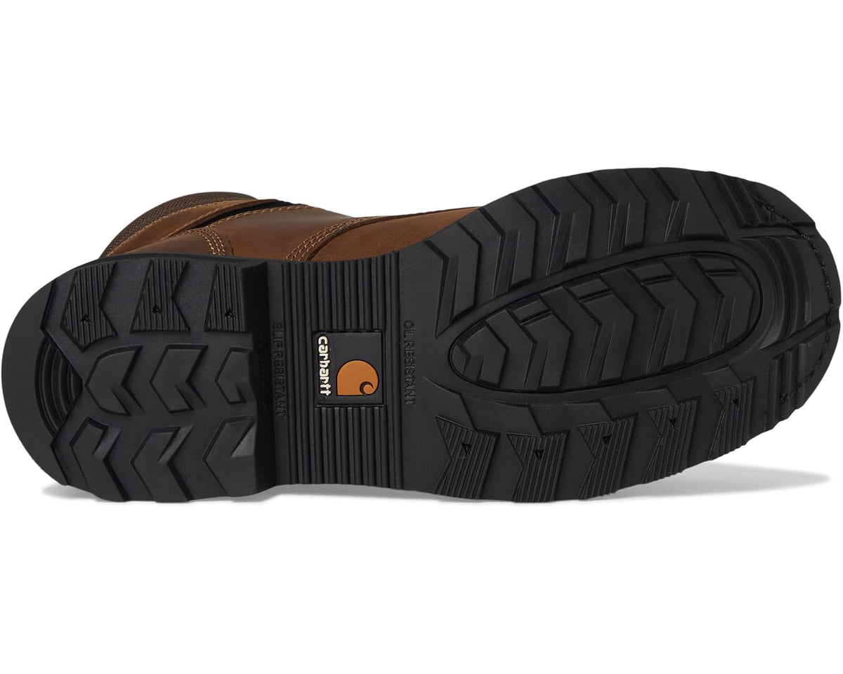 Brown leather work boot outsole with rugged tread pattern and black rubber sole