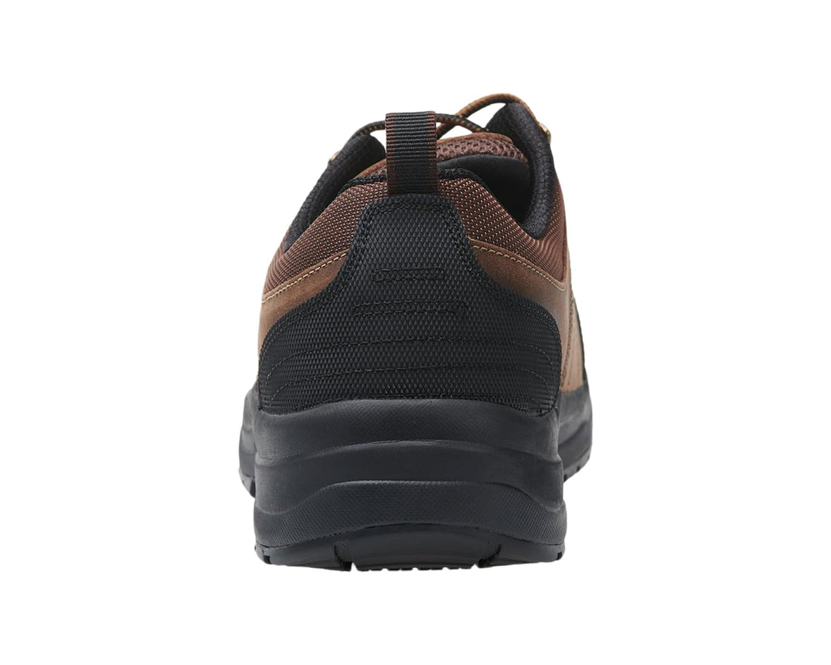 Back view of brown lace-up walking shoe with padded heel and black rubber sole