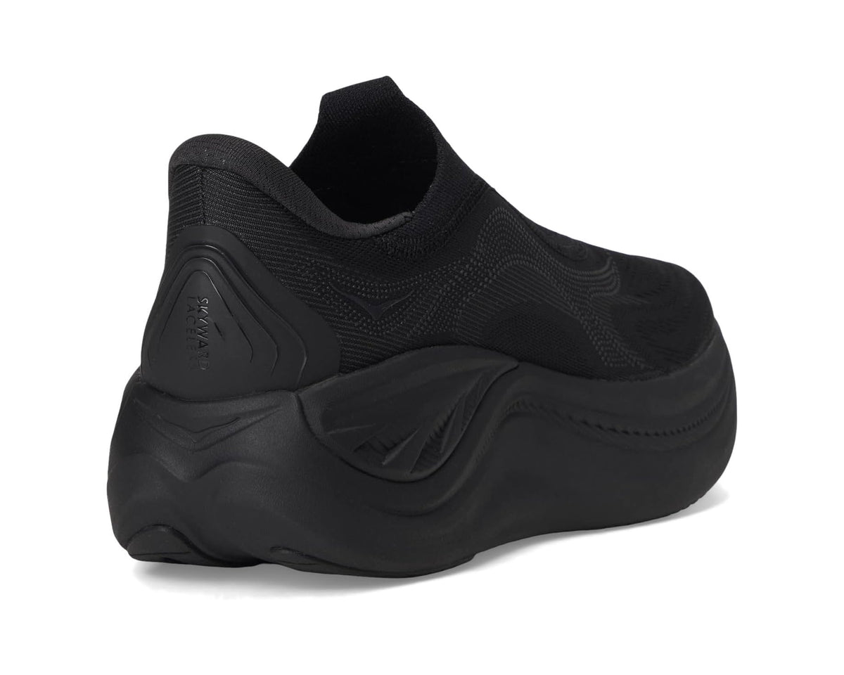 Black laceless running shoe heel and back panel with cushioned foam midsole
