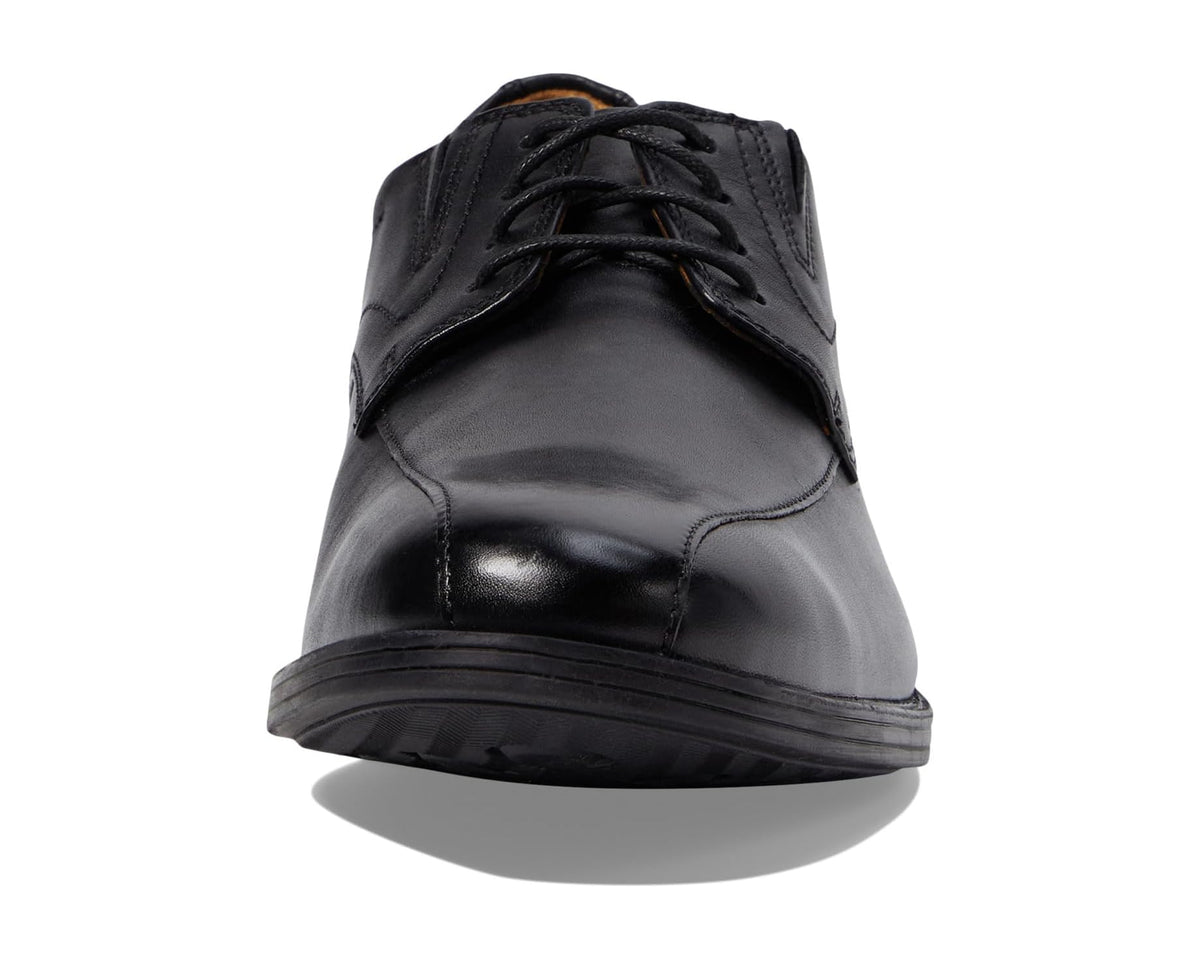 Men's black leather lace-up oxford shoe with rounded toe and back view