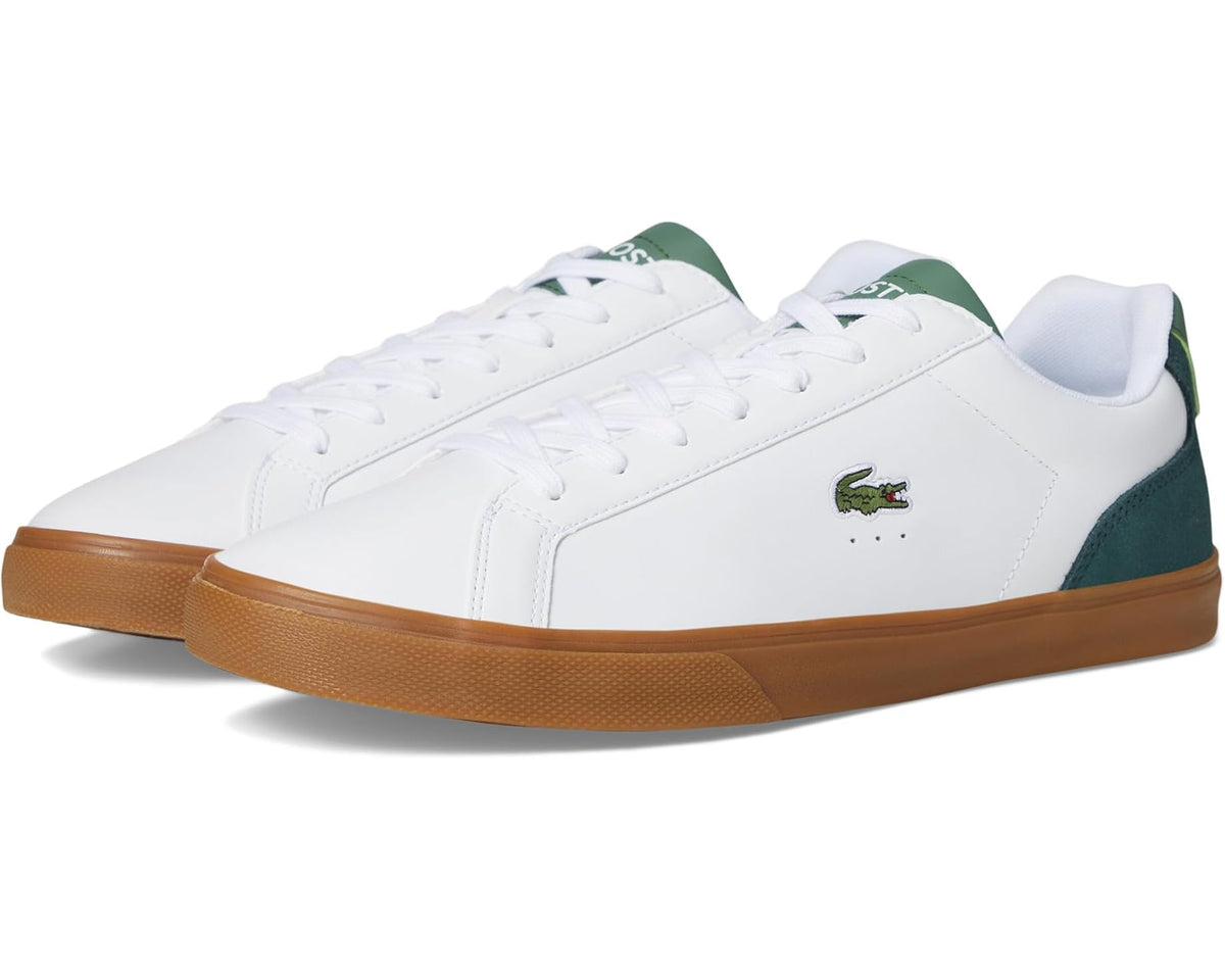 White and green Lacoste sneakers with gum outsole and side crocodile logo