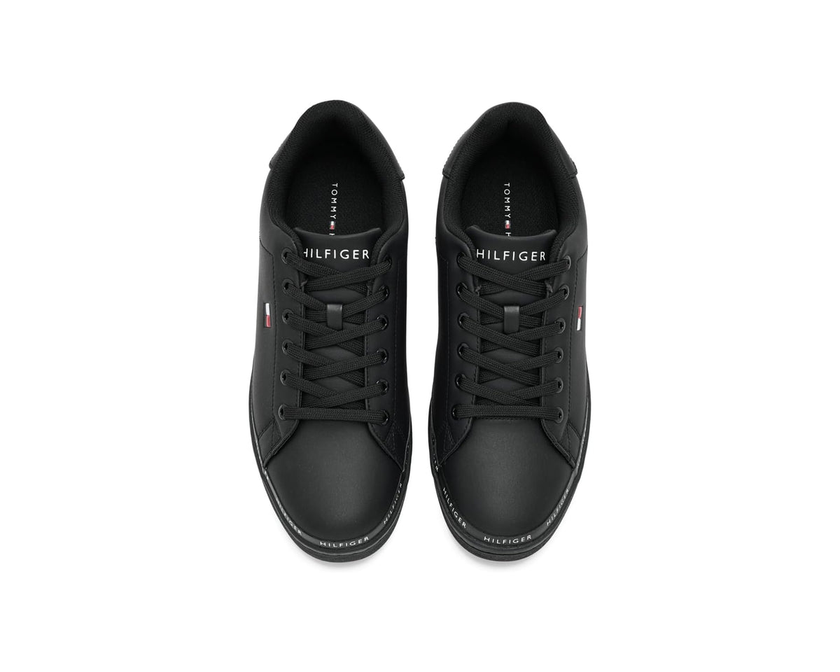Pair of men's black low-top sneakers, rear view with lace-up backs and logo detail