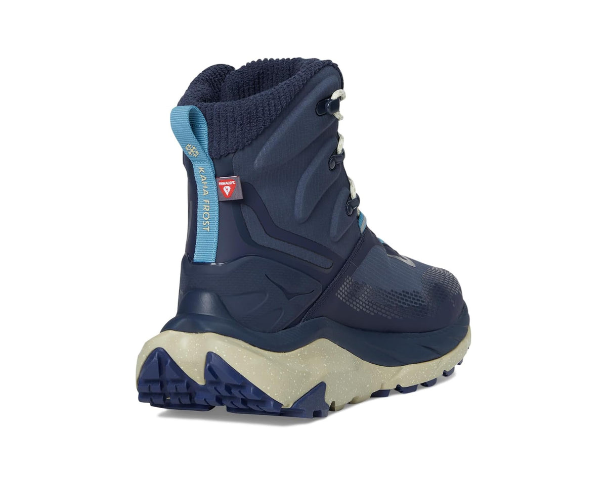 Men's navy high-top hiking boot with lace-up collar and blue heel strap