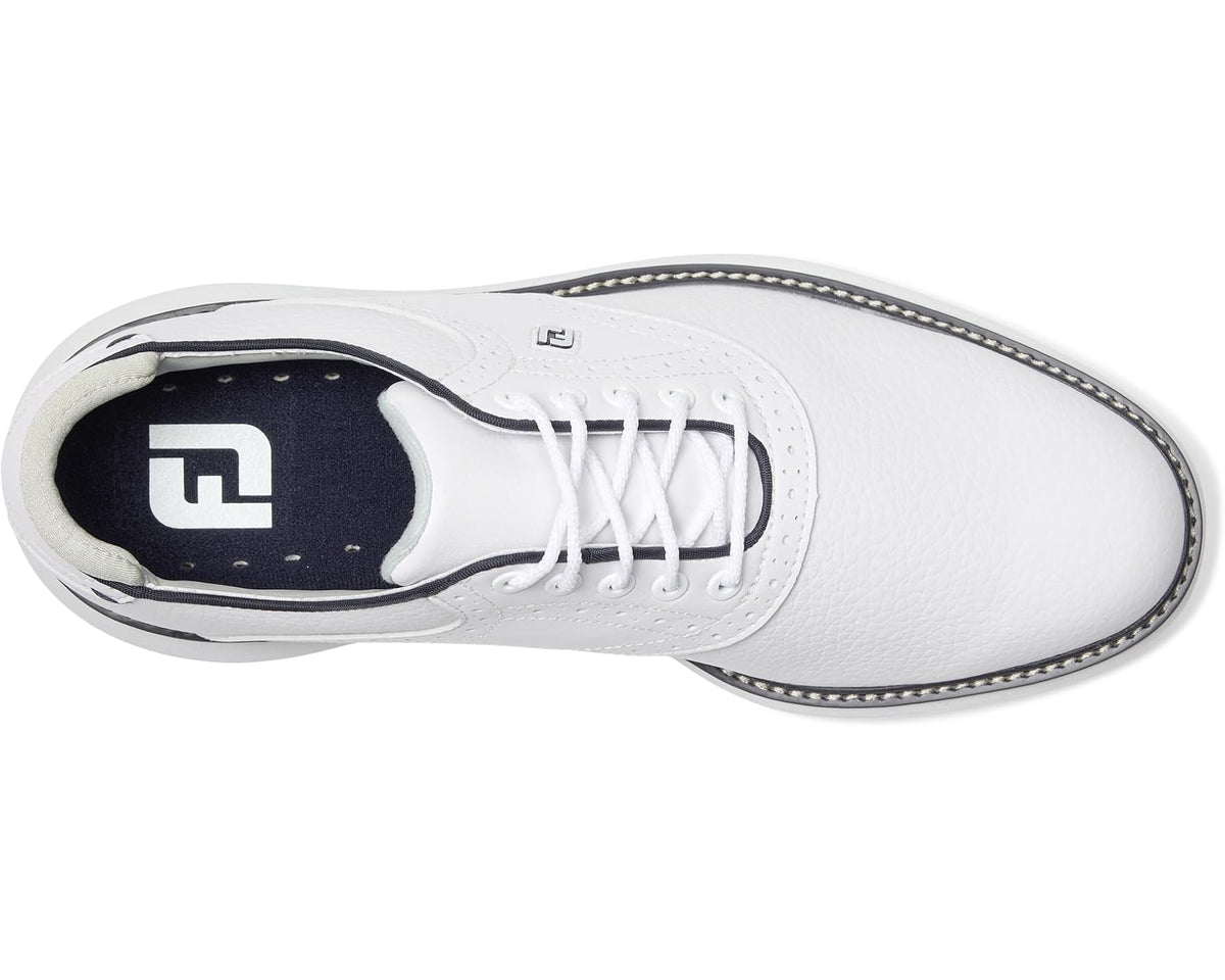 FootJoy spikeless golf shoe with white leather upper and navy-lined interior