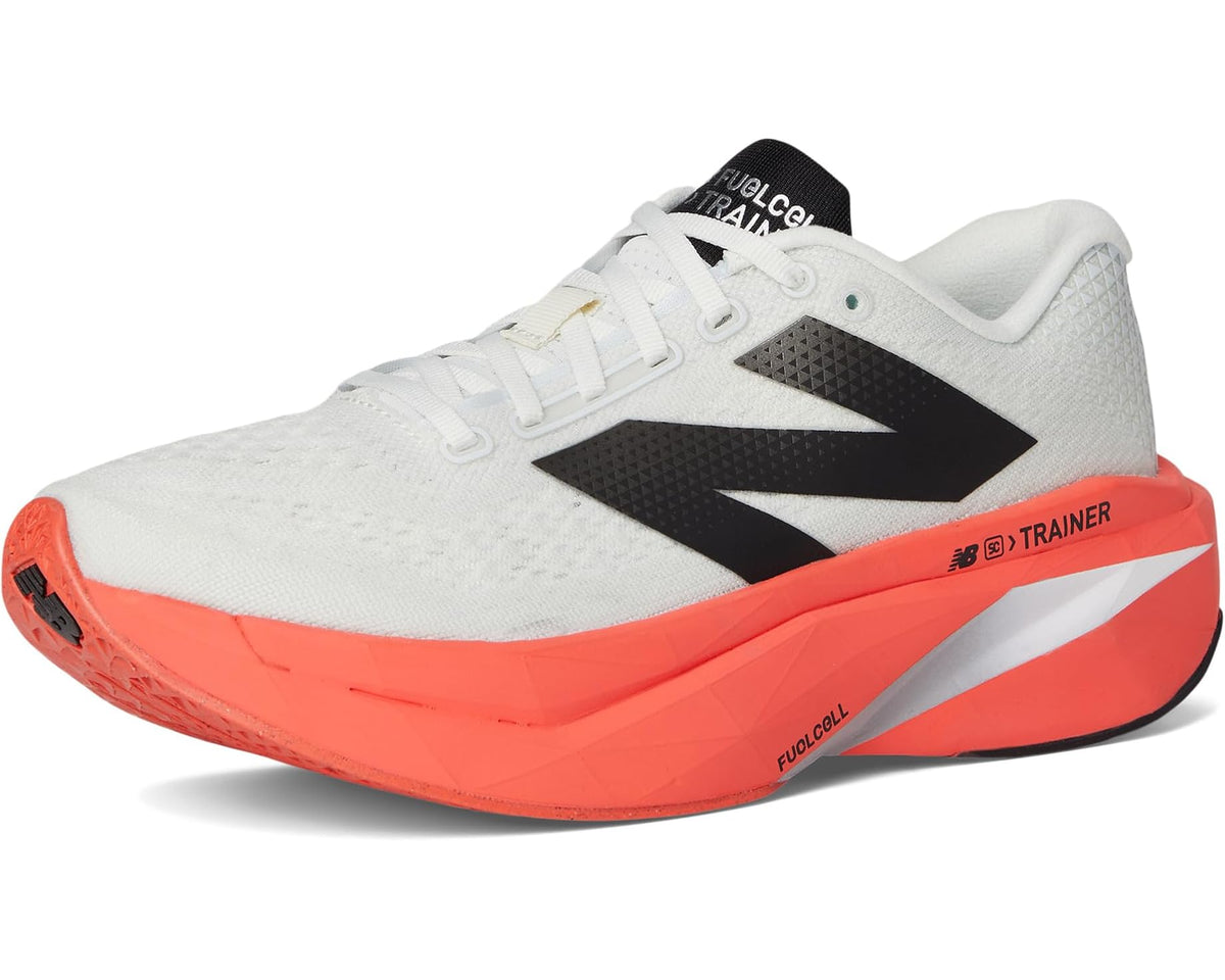New Balance FuelCell trainer shoe for men, white upper with black logo and orange midsole