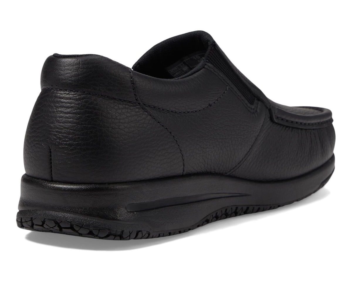 Black leather slip-on loafer heel with smooth back and textured rubber outsole