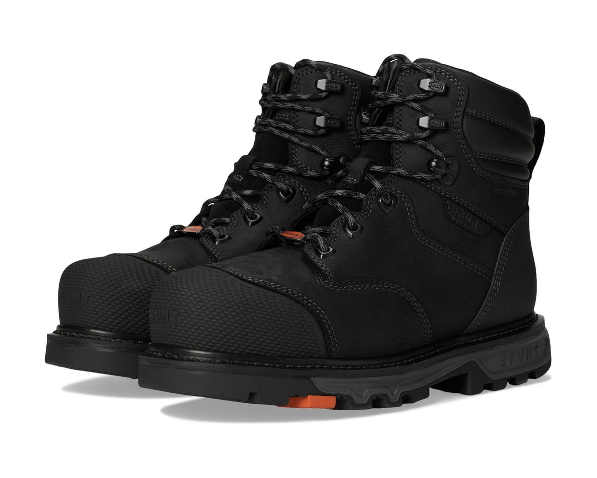 Men's black comp-toe welted work boot with lace-up and side pull tab