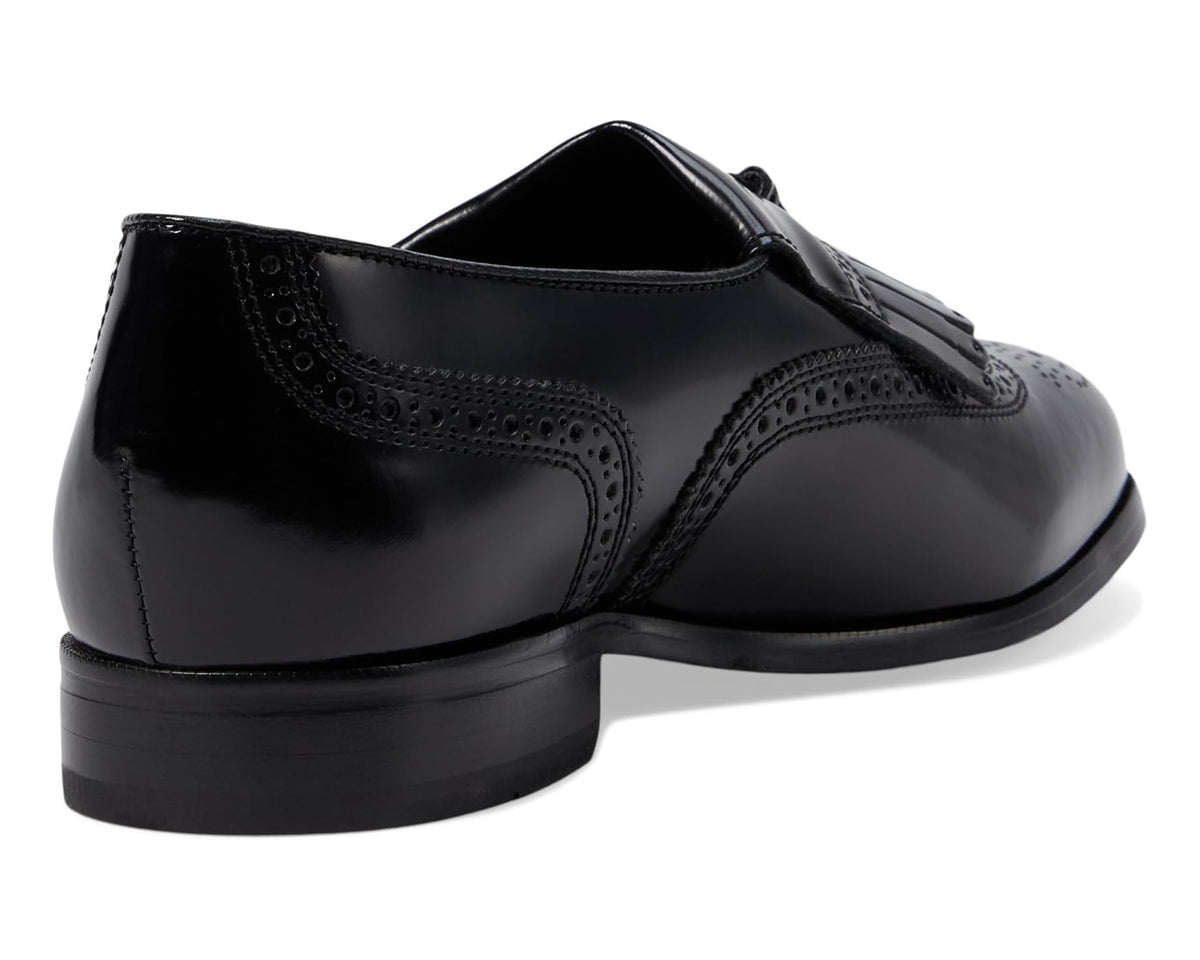 Black leather slip-on dress shoe heel and back view