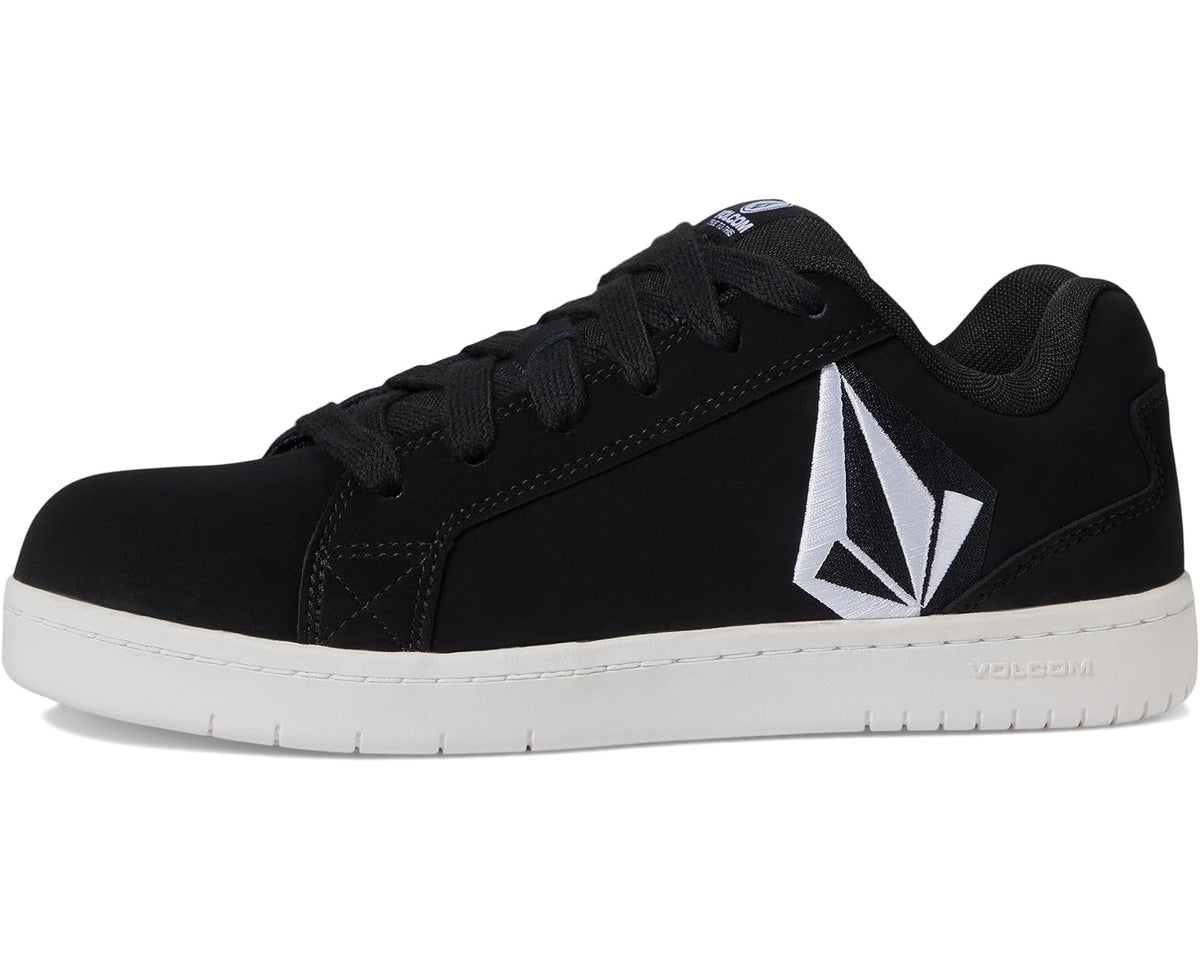 Black low-top skate shoe with white geometric side graphic and lace-up design