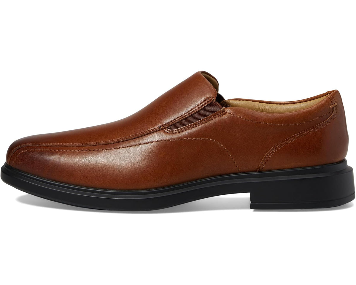 Men's tan leather slip-on shoes with contrast stitching and padded collar