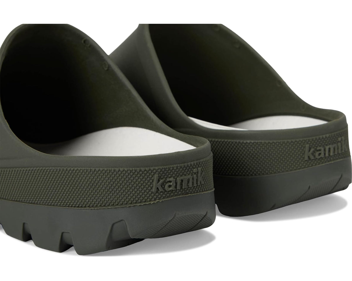 Women's Kamik slip-on clogs, dark olive heel view with textured side band