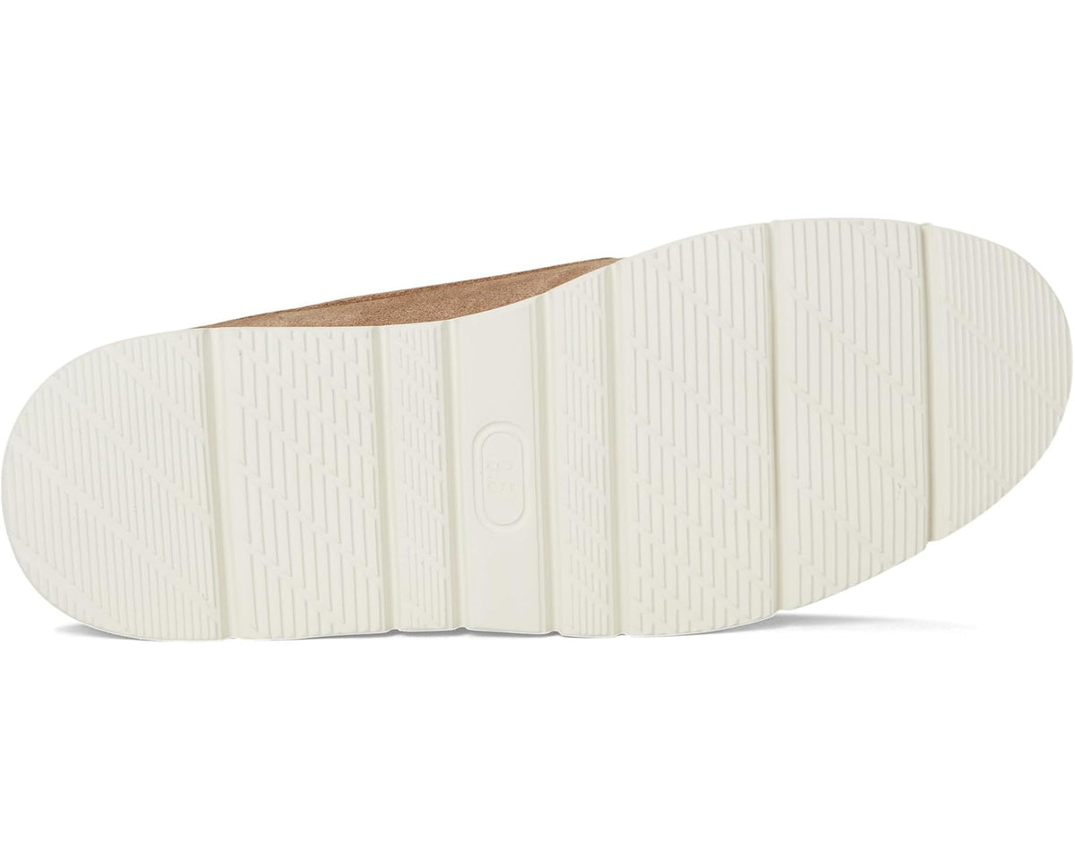 Taupe suede deck shoe outsole with textured white rubber tread