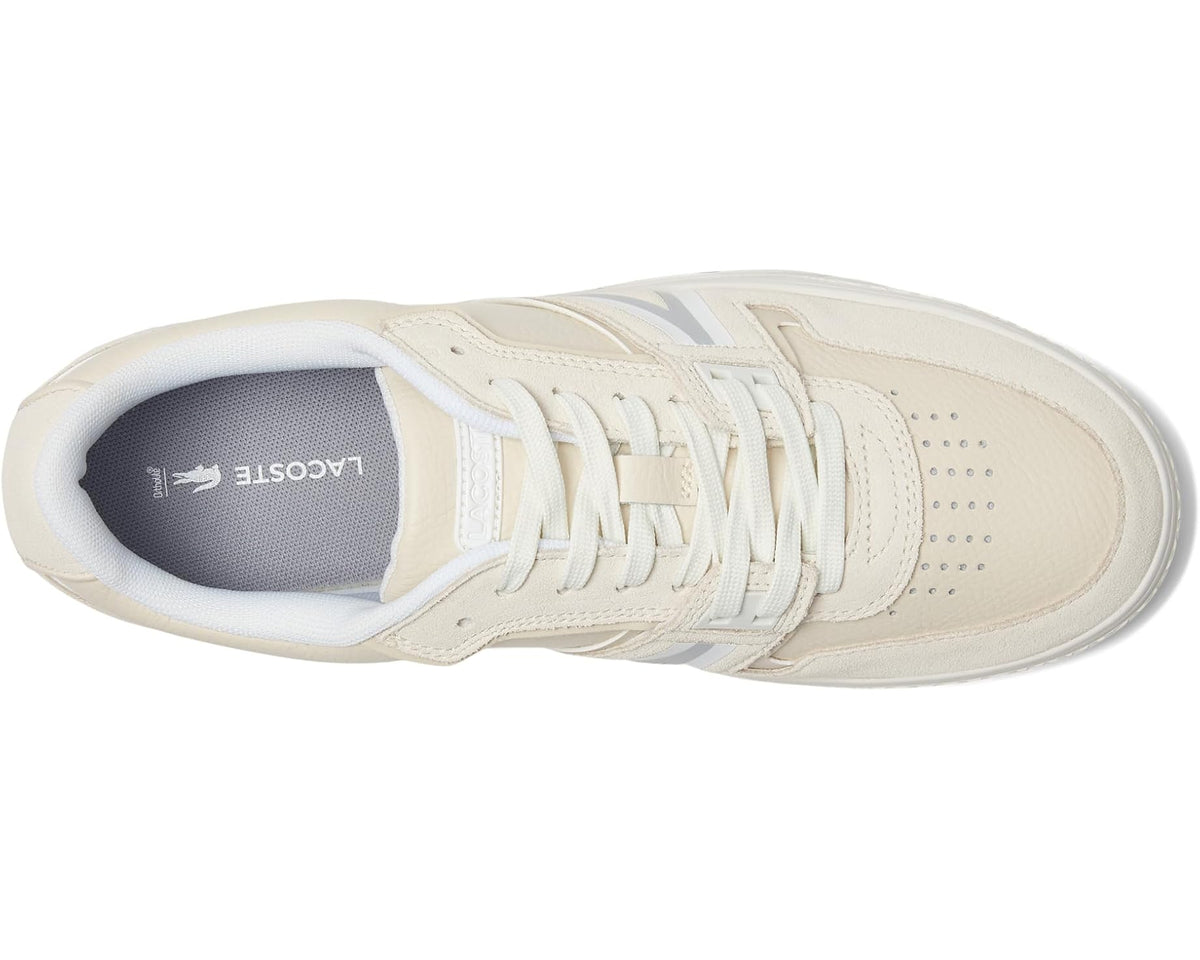 Off-white Lacoste L001 sneakers, side view with lace eyelets and padded collar