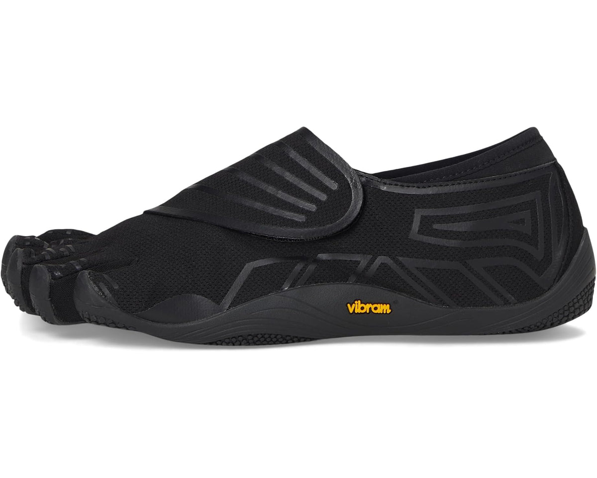 Black five-toe slip-on Vibram Groundplay shoe, side profile with elastic entry