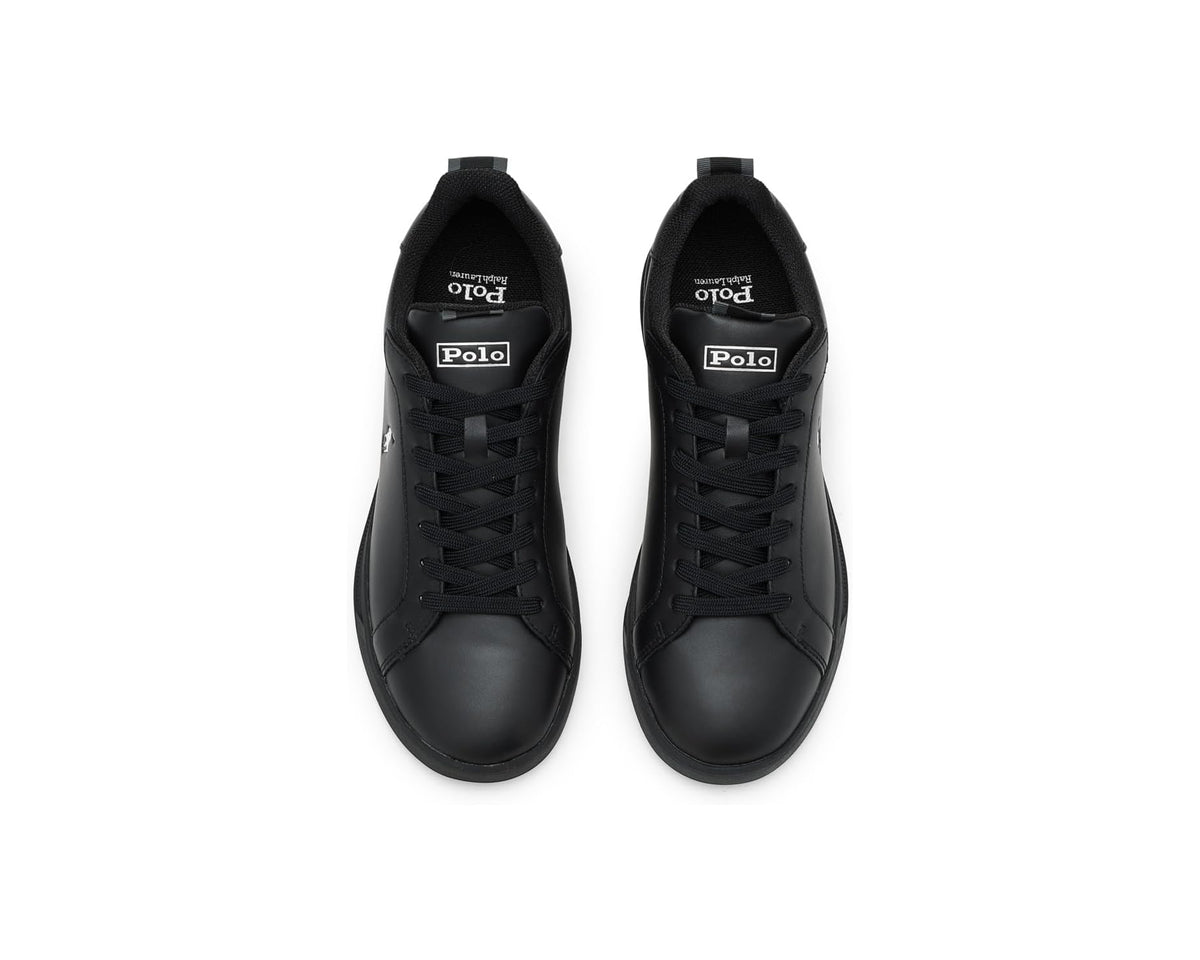 Black leather sneakers, front view, lace-up with Polo logo on tongue