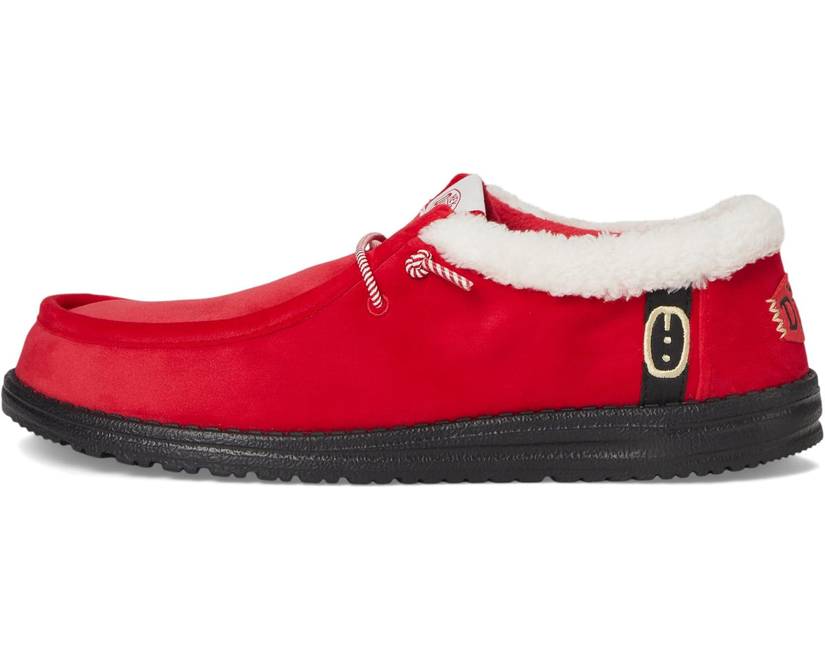 Men's red Hey Dude loafer with white faux-fur cuff, Santa hat strap and black sole